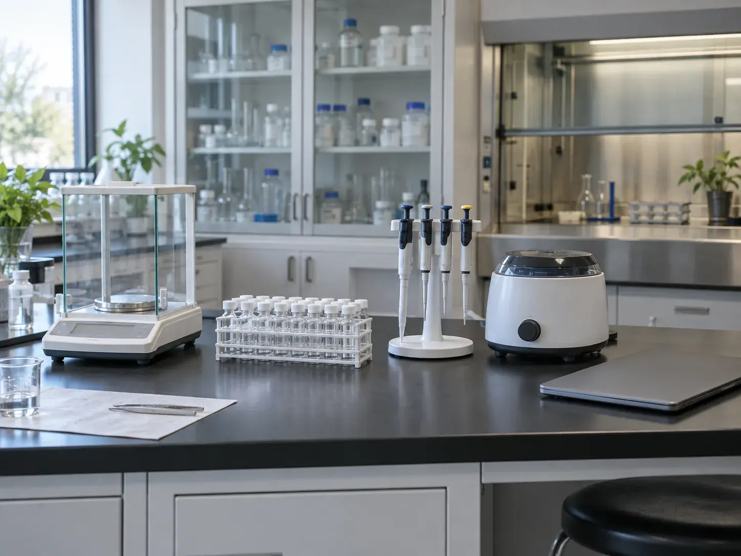 A laboratory bench with an analytical balance, a rack of vials, pipettes and a bench-top centrifuge.